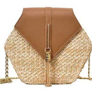 Straw Crossbody Bag with Chain Strap
